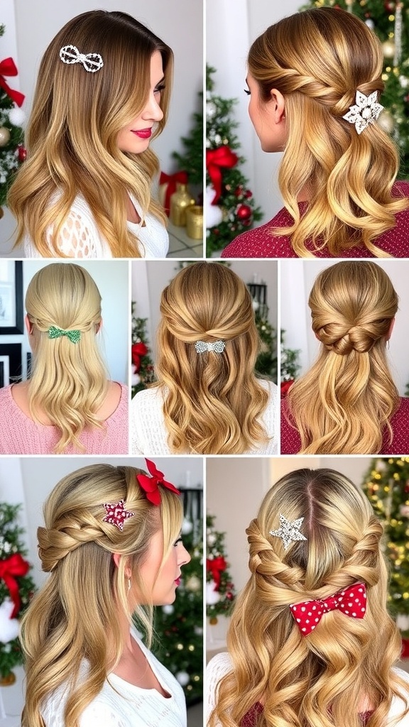 A collection of medium length Christmas hairstyles including loose waves, half-up twists, and braided crowns with holiday accessories.